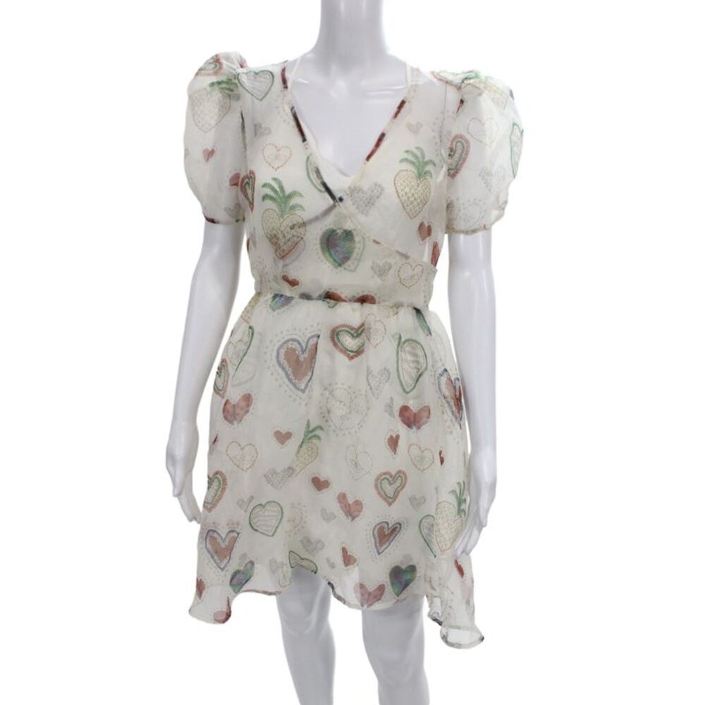 Farm Rio Women Fit & Flare Mini Dress Heart Print V-Neck Short Sleeve Size S